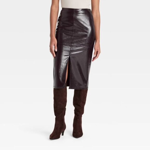 NWT A New Day Women's 14 Brown Faux Leather Midi Skirt Slit Front Side Zip - Picture 1 of 13